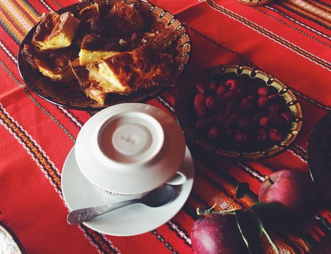 Breakfast served on a traditional woven textile