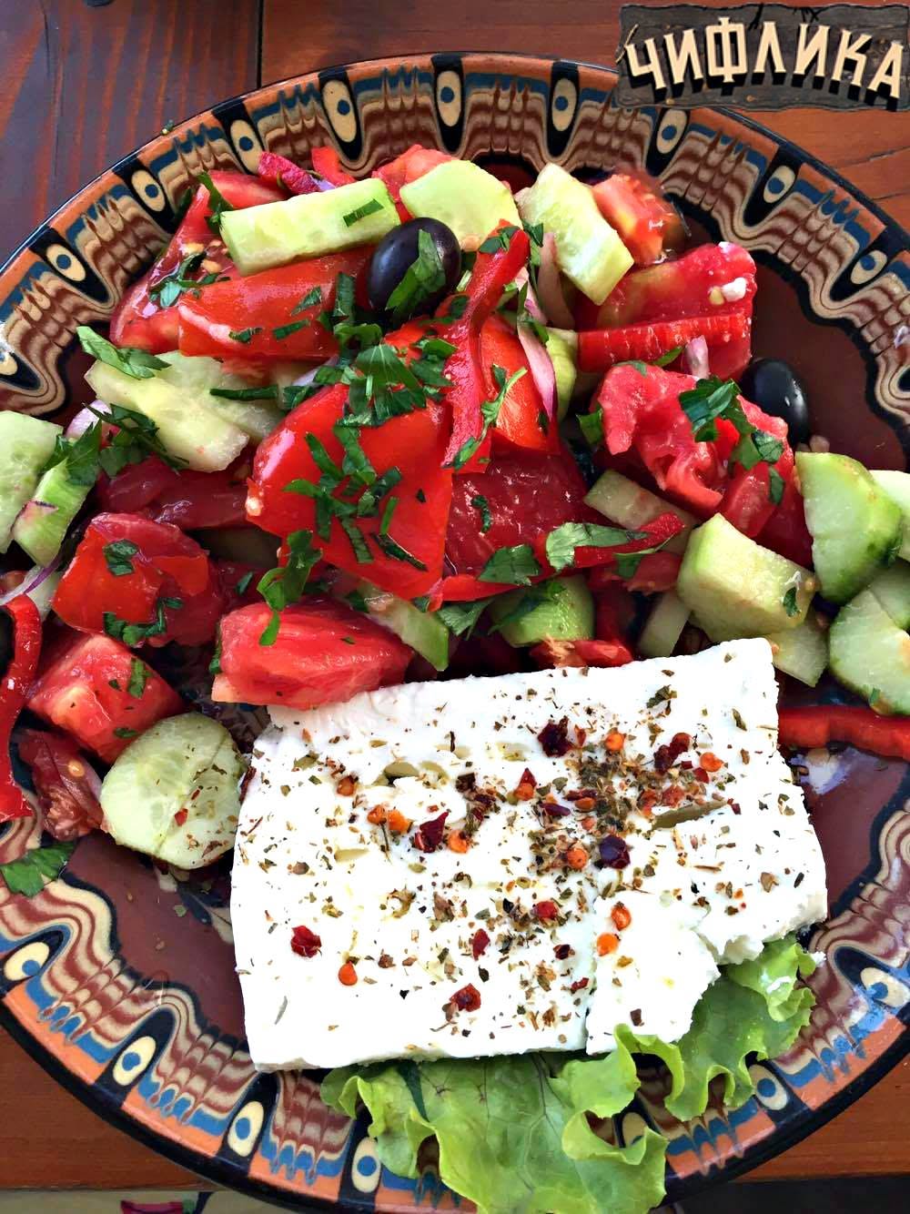 Traditional Bulgarian salad with white cheese